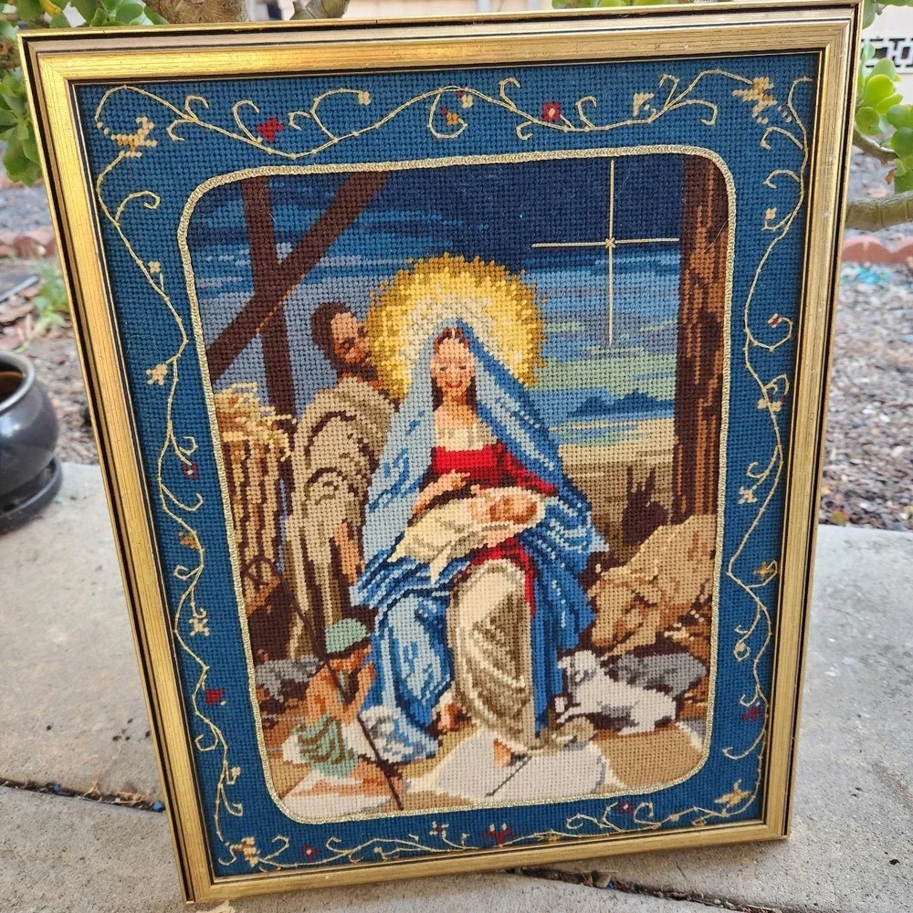 Vtg Nativity Scene Needlepoint Finished art‎ Framed 15.5 X 19.5